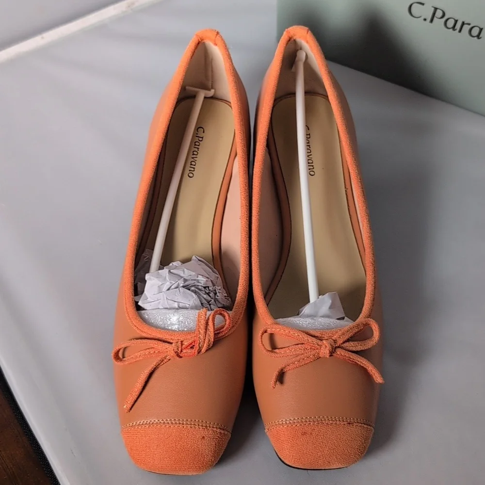 C. Paravano Orange Low Block Heel Closed Toe Pumps Size 10.5/41